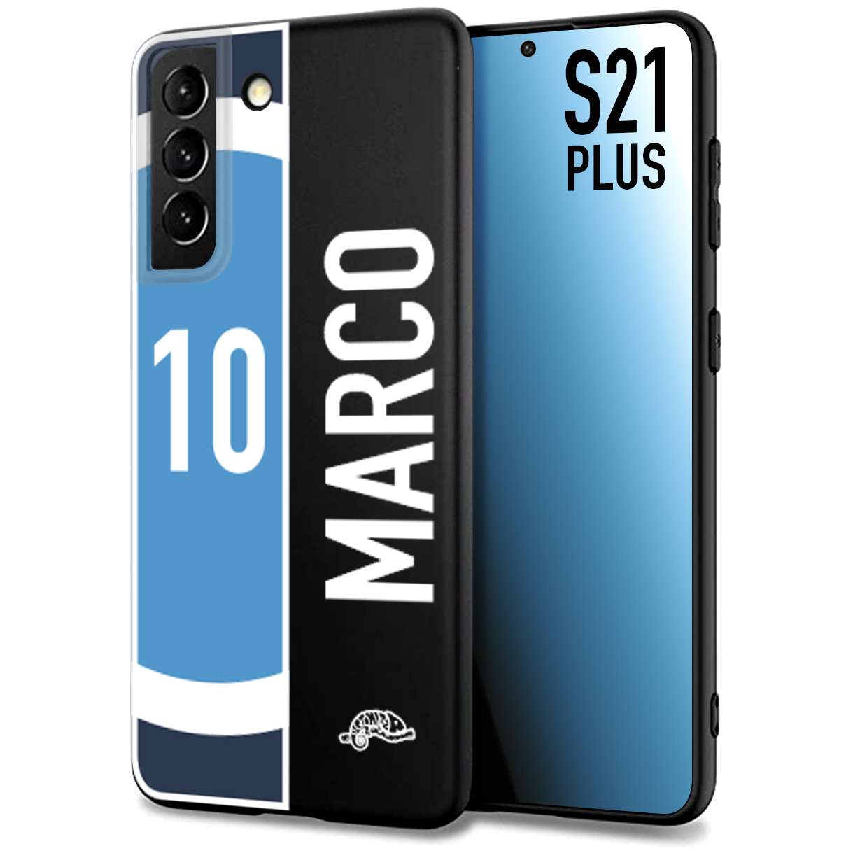 CUSTOMIZZA - Custodia cover nera morbida in tpu compatibile per Samsung S21 PLUS personalizzata calcio football nome e numero calciatori biancoazzurri bianco celesti