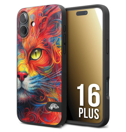 CUSTOMIZZA - Custodia cover nera morbida in tpu compatibile per iPhone 16 PLUS animali color cat gatto viso colori vibranti disegnato schizzo