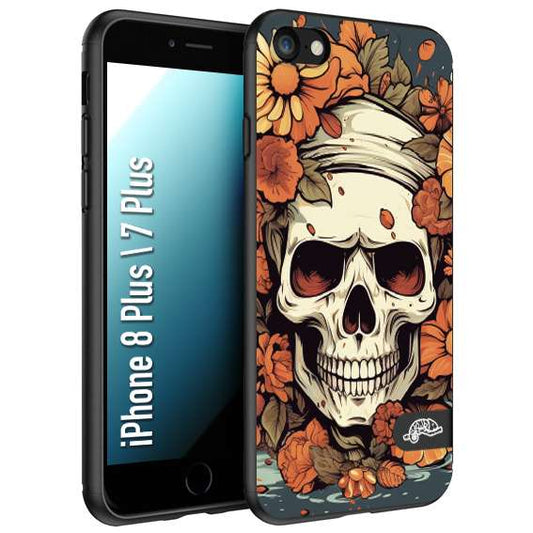 CUSTOMIZZA - Custodia cover nera morbida in tpu compatibile per iPhone 7 Plus - 8 plus teschio skull flowers fiori tattoo disegnato alta definizione