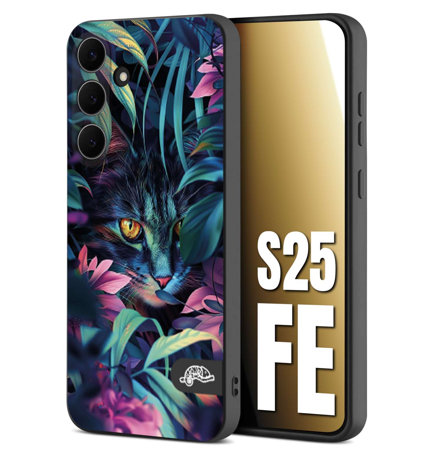 CUSTOMIZZA - Custodia cover nera morbida in tpu compatibile per Samsung S25 FE animali color giungla tropicale occhio di gatto colori vibranti disegnato