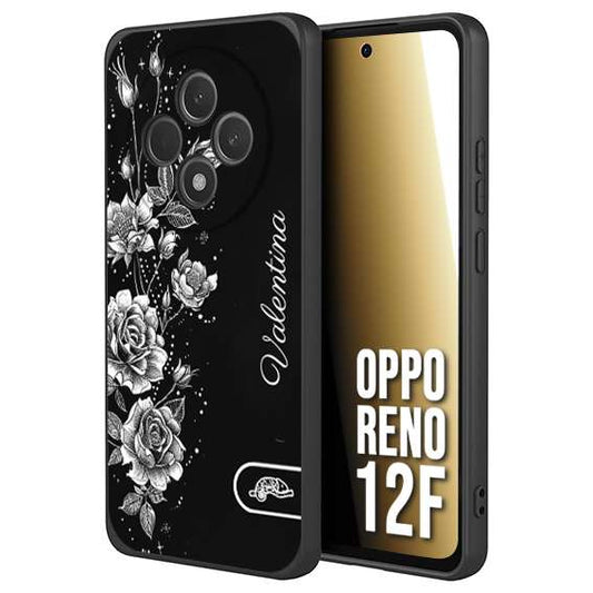 CUSTOMIZZA - Custodia cover nera morbida in tpu compatibile per Oppo Reno 12F personalizzata rilievo soft touch nome rose fiori donna