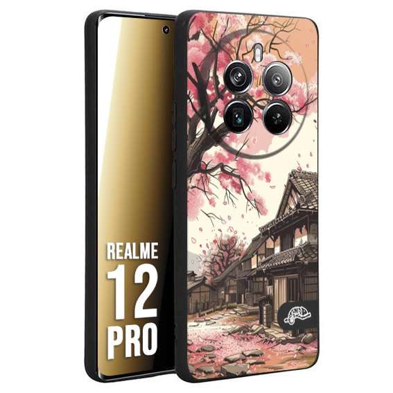 CUSTOMIZZA - Custodia cover nera morbida in tpu compatibile per Realme 12 PRO casa giapponese rosa ciliegio in fiore disegnata tattoo
