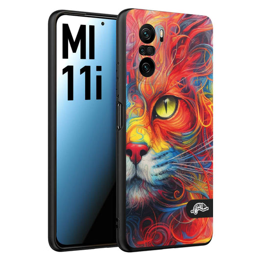 CUSTOMIZZA - Custodia cover nera morbida in tpu compatibile per Xiaomi Mi 11i animali color cat gatto viso colori vibranti disegnato schizzo