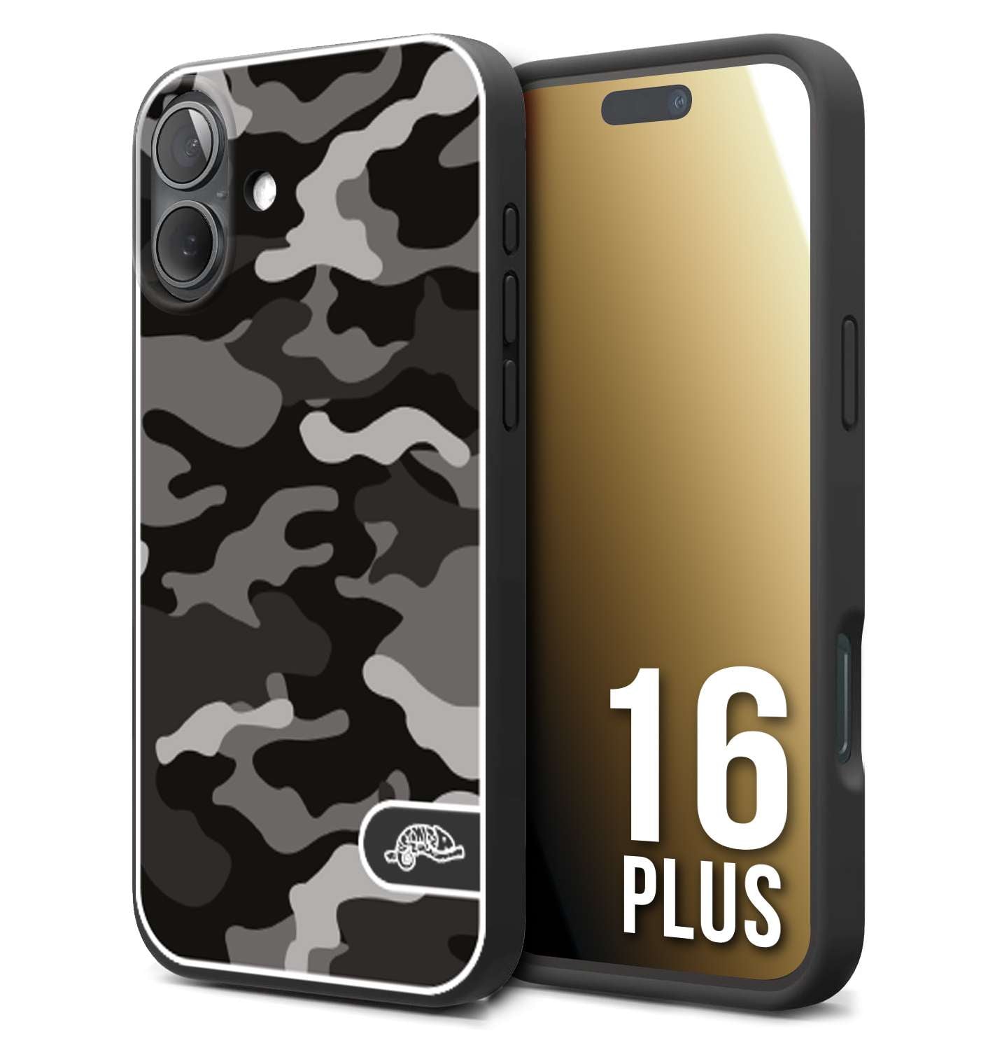 CUSTOMIZZA - Custodia cover nera morbida in tpu compatibile per iPhone 16 PLUS camouflage mimetico militare nero black grigio