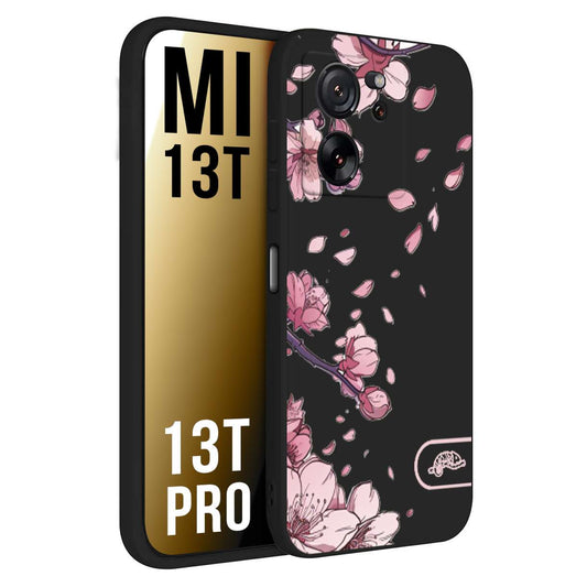 CUSTOMIZZA - Custodia cover nera morbida in tpu compatibile per Xiaomi 13T - 13T PRO giapponese fiori di ciliegio in fiore a rilievo disegnata tattoo