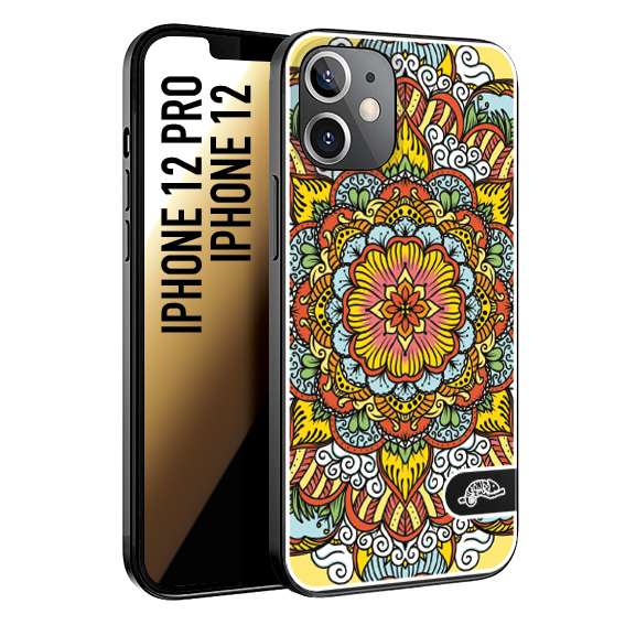 CUSTOMIZZA - Custodia cover nera morbida in tpu compatibile per iPhone 12 - 12 PRO mandala colorato fiore nuvole arancione