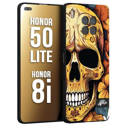 CUSTOMIZZA - Custodia cover nera morbida in tpu compatibile per Honor 8i - Honor 50 LITE teschio messicano colorato dorato fiori autunnali disegnato