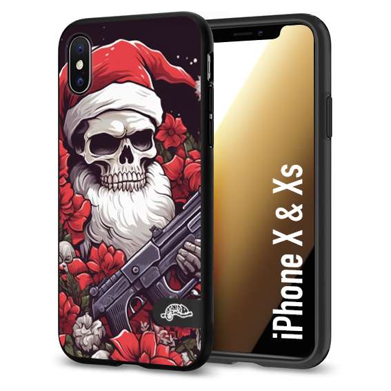 CUSTOMIZZA - Custodia cover nera morbida in tpu compatibile per iPhone X - Xs teschio natale santa claus fiori tattoo disegnato