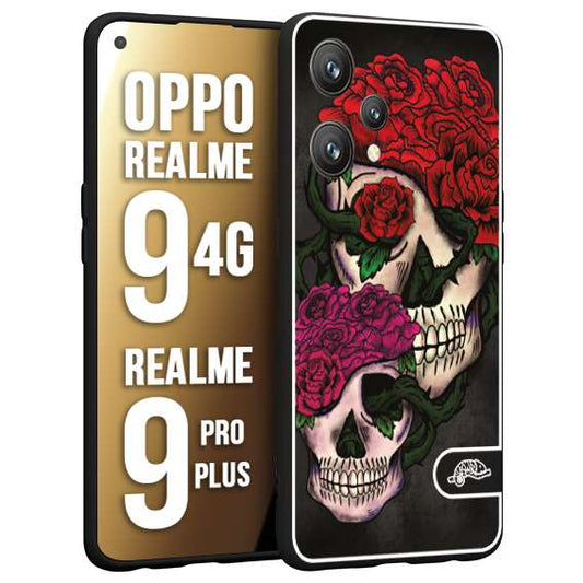 CUSTOMIZZA - Custodia cover nera morbida in tpu compatibile per Oppo Realme 9 4G - 9 PRO PLUS teschi e rose rosse fucsia skull and roses