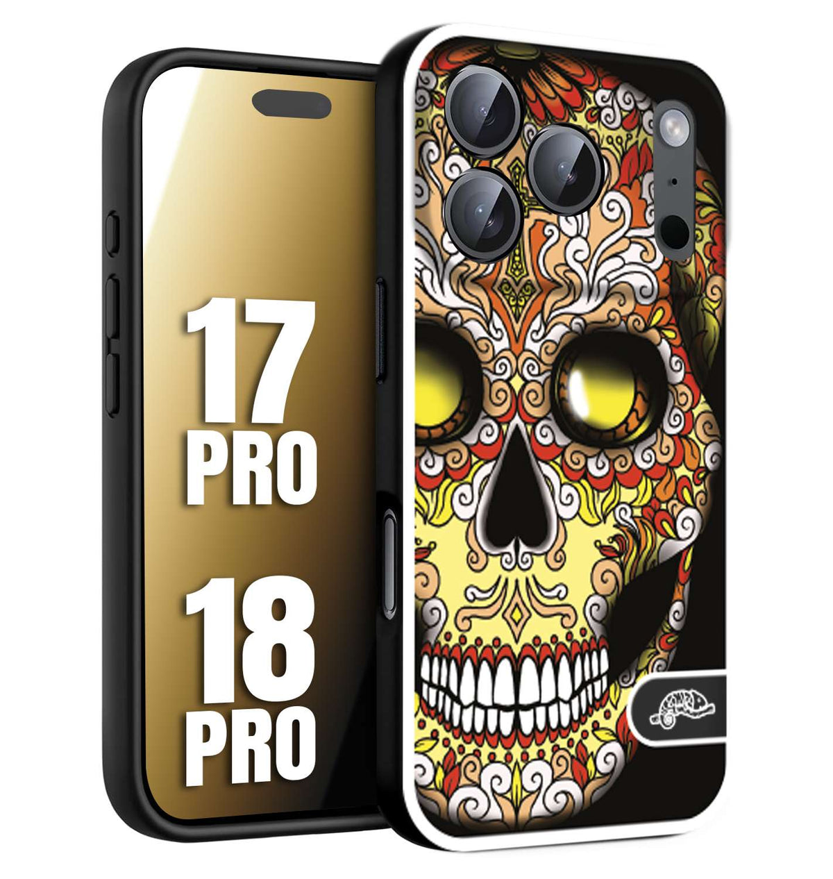 CUSTOMIZZA - Custodia cover nera morbida in tpu compatibile per iPhone 17 PRO - 18 PRO teschio messicano Mexican skull giallo rosso arancio