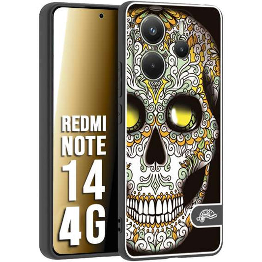 CUSTOMIZZA - Custodia cover nera morbida in tpu compatibile per Xiaomi Redmi Note 14 4G teschio messicano Mexican skull bianco verde giallo