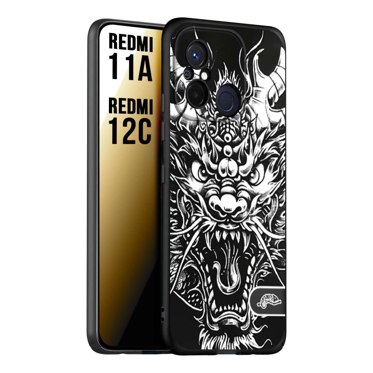 CUSTOMIZZA - Custodia cover nera morbida in tpu compatibile per Xiaomi Redmi 11A - 12C drago black and white bianco a rilievo disegnato tattoo tatuaggio