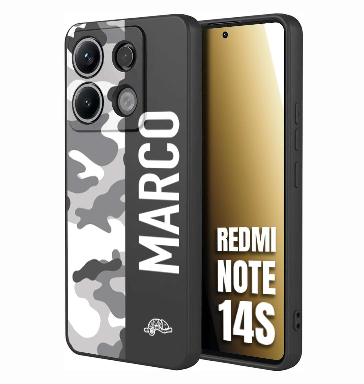 CUSTOMIZZA - Custodia cover nera morbida in tpu compatibile per Xiaomi Redmi Note 14S camouflage mimetico militare personalizzata nome bianco