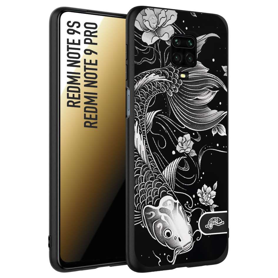 CUSTOMIZZA - Custodia cover nera morbida in tpu compatibile per Xiaomi Redmi Note 9S - Note 9 PRO carpa koi black and white bianco a rilievo disegnato tattoo tatuaggio