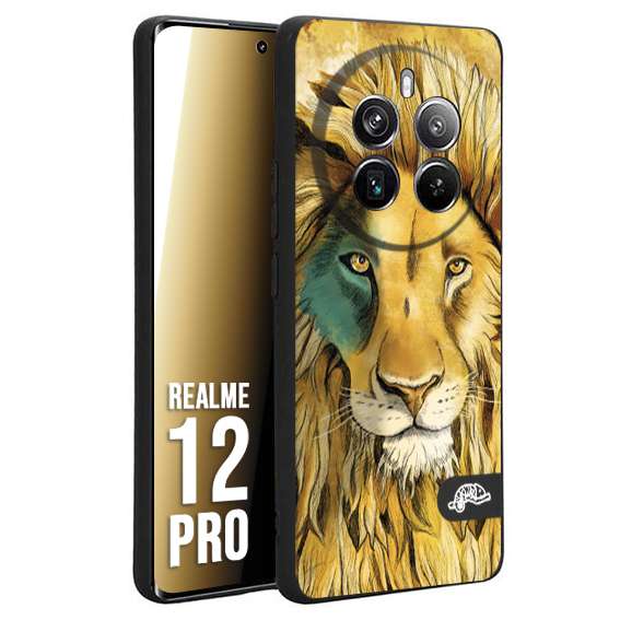 CUSTOMIZZA - Custodia cover nera morbida in tpu compatibile per Realme 12 PRO leone lion disegnato a mano giallo blu a rilievo artistico brown