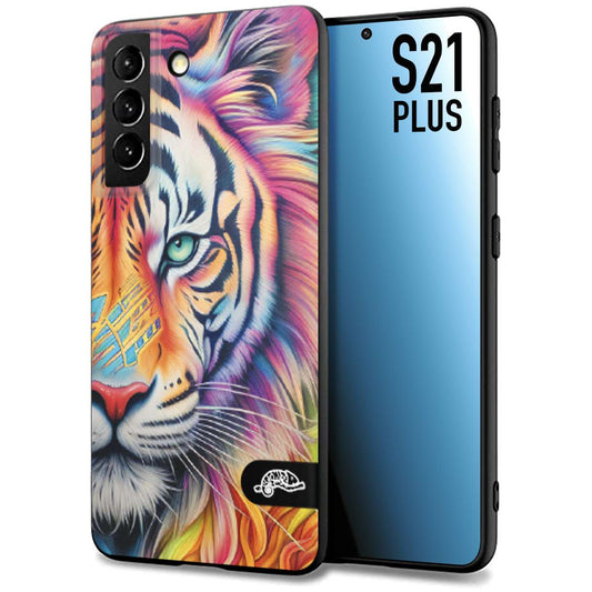 CUSTOMIZZA - Custodia cover nera morbida in tpu compatibile per Samsung S21 PLUS animali color tigre tiger viso colori vibranti disegnato schizzo