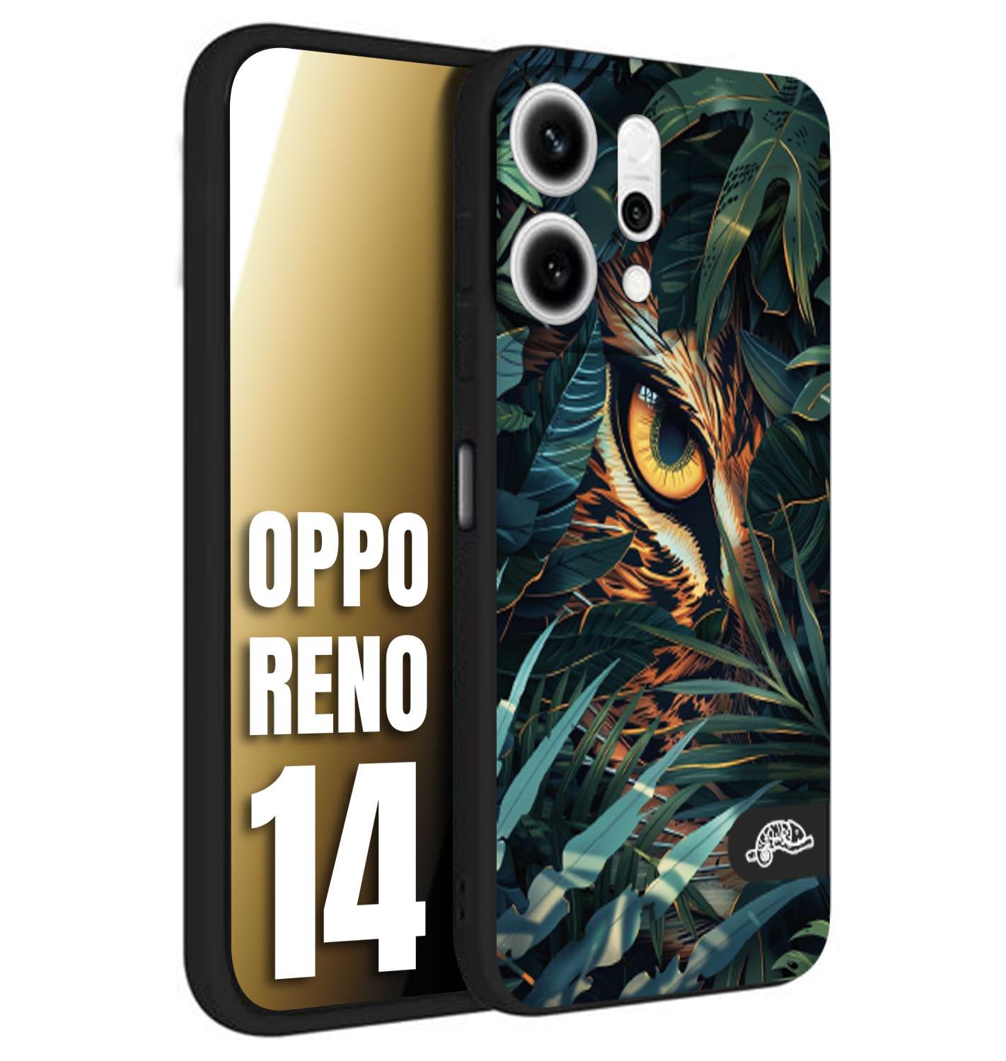 CUSTOMIZZA - Custodia cover nera morbida in tpu compatibile per Oppo Reno 14 animali color giungla tropicale occhio di giaguaro felino disegnato