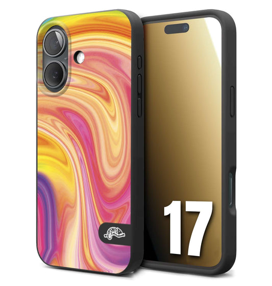 CUSTOMIZZA - Custodia cover nera morbida in tpu compatibile per iPhone 17 colorata fantasia vortice marmo onde rosa fucsia gialla