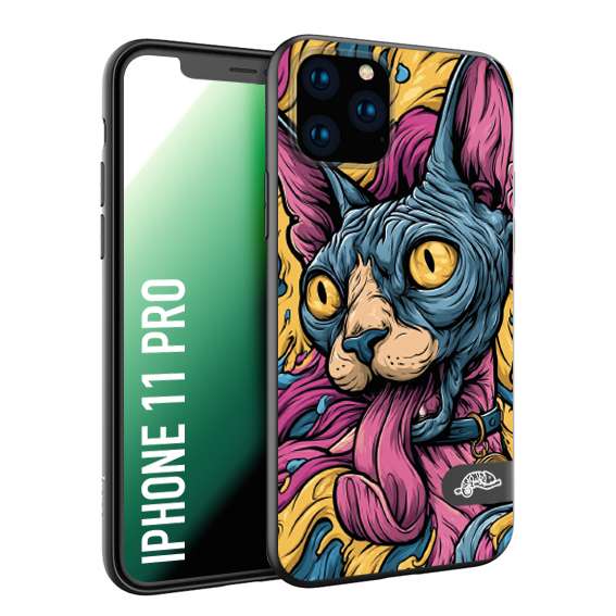 CUSTOMIZZA - Custodia cover nera morbida in tpu compatibile per iPhone 11 PRO Sphynx Colorato Pop Art Psichedelico Gatto Blu Rosa Giallo Artistica Fantasy