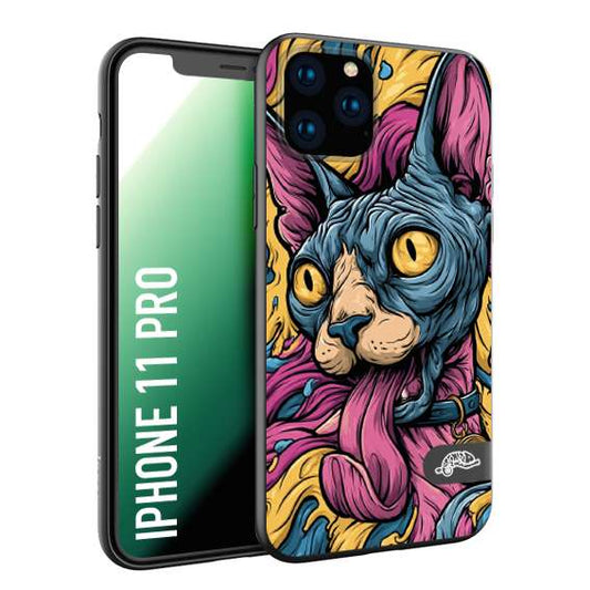 CUSTOMIZZA - Custodia cover nera morbida in tpu compatibile per iPhone 11 PRO Sphynx Colorato Pop Art Psichedelico Gatto Blu Rosa Giallo Artistica Fantasy