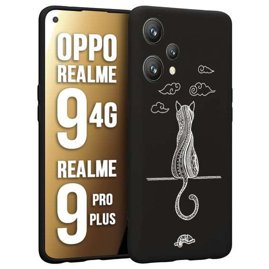 CUSTOMIZZA - Custodia cover nera morbida in tpu compatibile per Realme 9 4G - 9 PRO PLUS gatto mandala stilizzato gattino a rilievo soft touch donna bianca