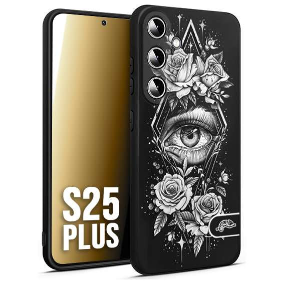 CUSTOMIZZA - Custodia cover nera morbida in tpu compatibile per Samsung S25 PLUS occhio fiori rombo geometrico black and white bianco a rilievo disegnato tattoo tatuaggio