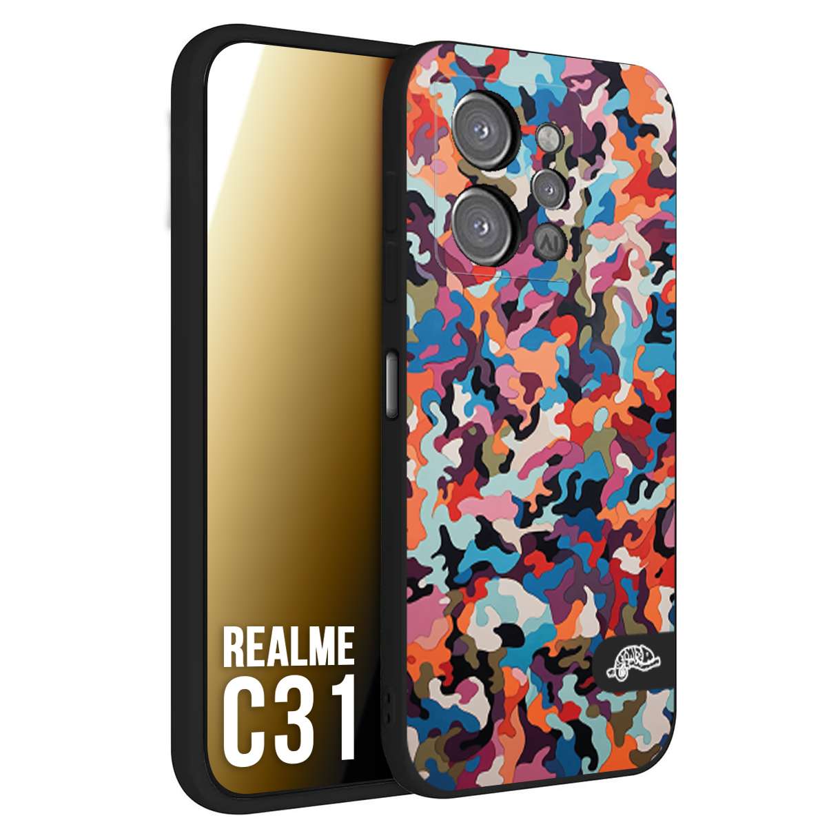 CUSTOMIZZA - Custodia cover nera morbida in tpu compatibile per Oppo Realme C31 camouflage mimetico militare moderno blu arancio rosa