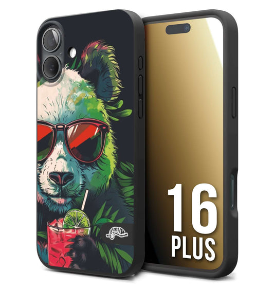 CUSTOMIZZA - Custodia cover nera morbida in tpu compatibile per iPhone 16 PLUS estate disegnata cocktails animali simpatici panda mojito