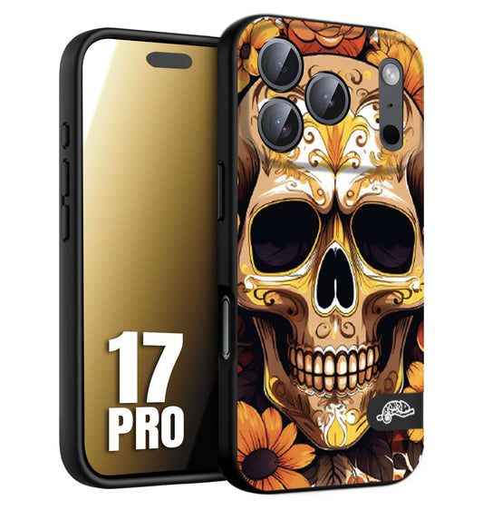 CUSTOMIZZA - Custodia cover nera morbida in tpu compatibile per iPhone 17 PRO teschio messicano colorato dorato fiori tattoo disegnato