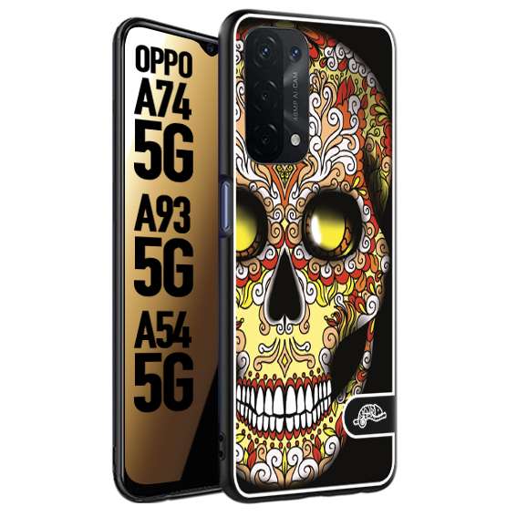 CUSTOMIZZA - Custodia cover nera morbida in tpu compatibile per Oppo A74 5G - A93 5G - A54 5G teschio messicano Mexican skull giallo rosso arancio