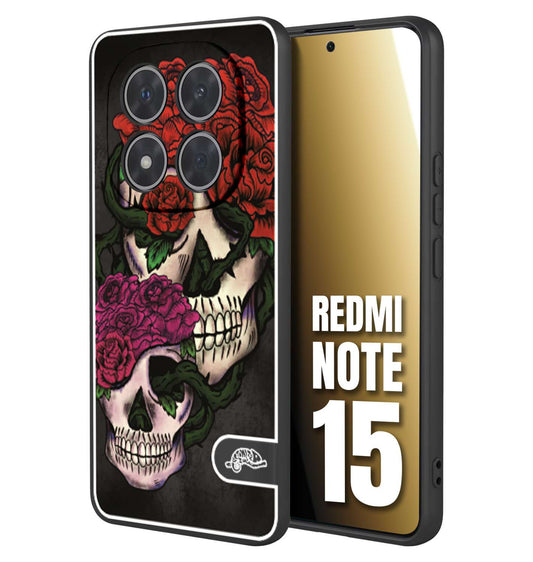 CUSTOMIZZA - Custodia cover nera morbida in tpu compatibile per Xiaomi Redmi Note 15 teschi e rose rosse fucsia skull and roses