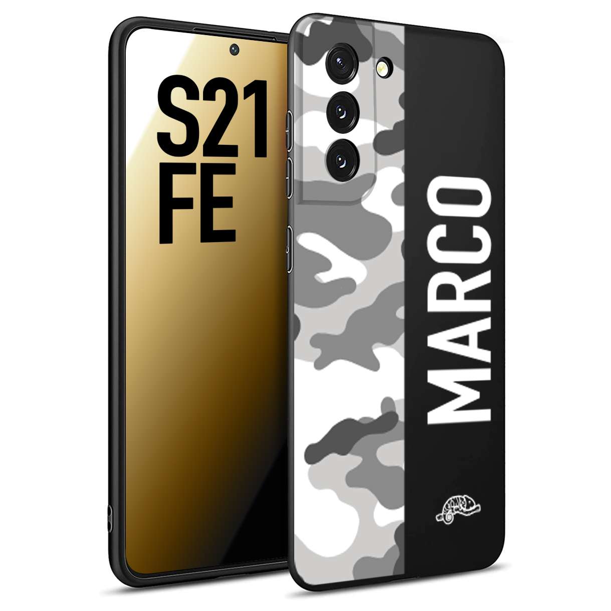 CUSTOMIZZA - Custodia cover nera morbida in tpu compatibile per Samsung S21 FE camouflage mimetico militare personalizzata nome bianco