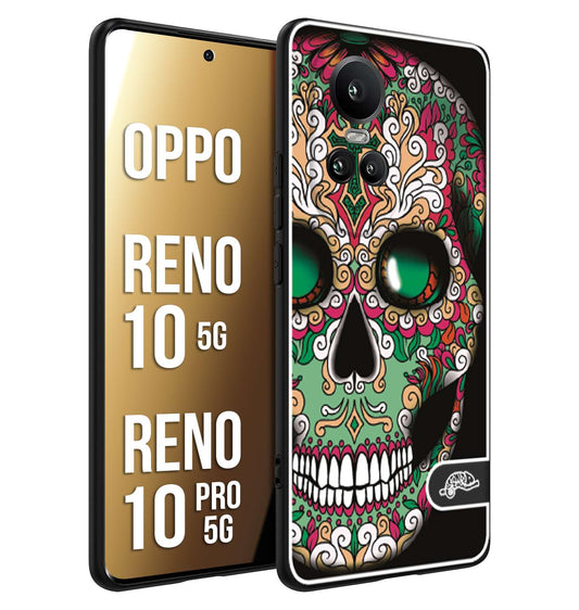 CUSTOMIZZA - Custodia cover nera morbida in tpu compatibile per Oppo Reno 10 5G - 10 PRO 5G teschio messicano Mexican skull verde fucsia