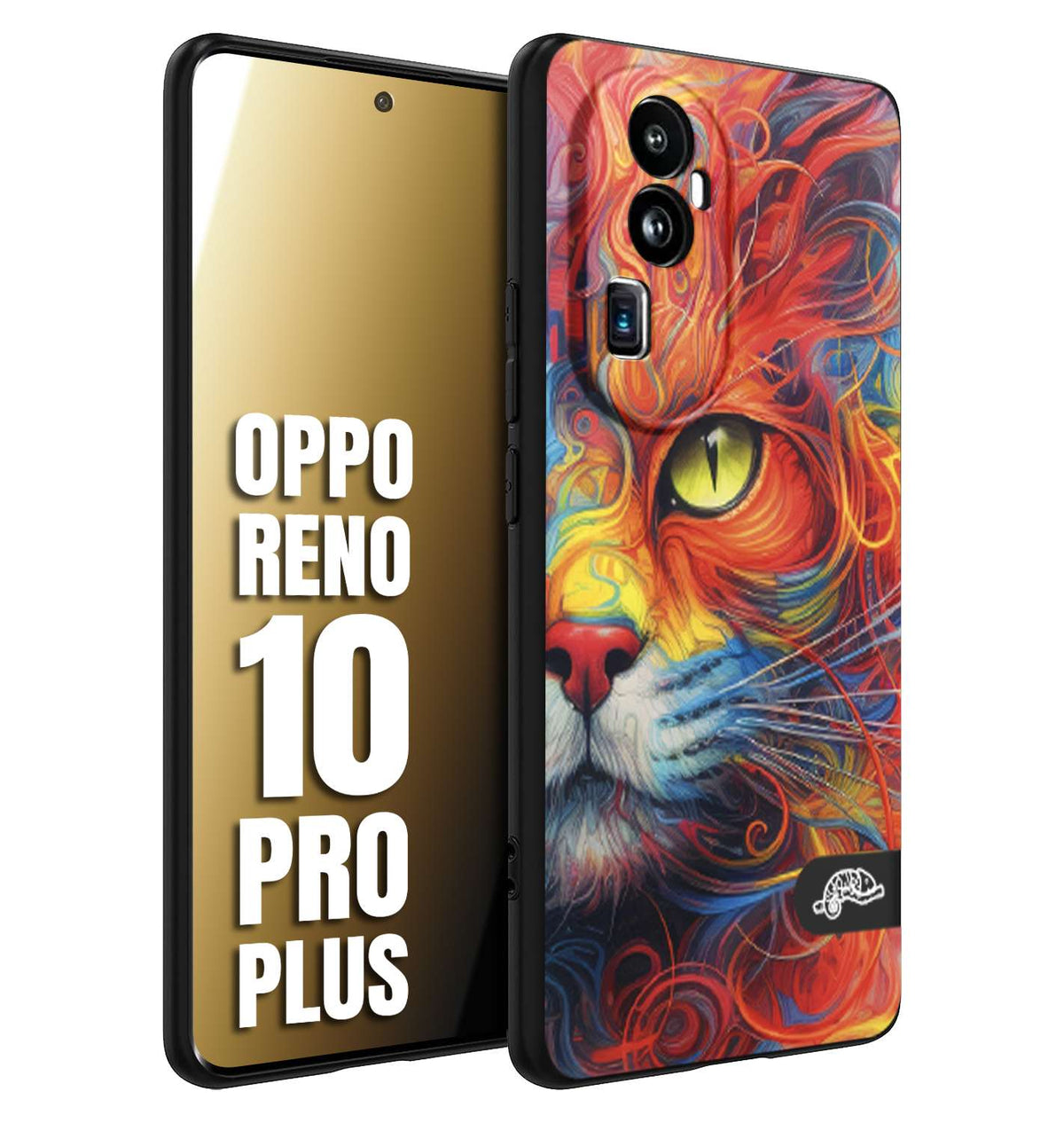CUSTOMIZZA - Custodia cover nera morbida in tpu compatibile per Oppo Reno 10 PRO PLUS animali color cat gatto viso colori vibranti disegnato schizzo