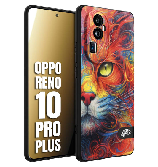 CUSTOMIZZA - Custodia cover nera morbida in tpu compatibile per Oppo Reno 10 PRO PLUS animali color cat gatto viso colori vibranti disegnato schizzo