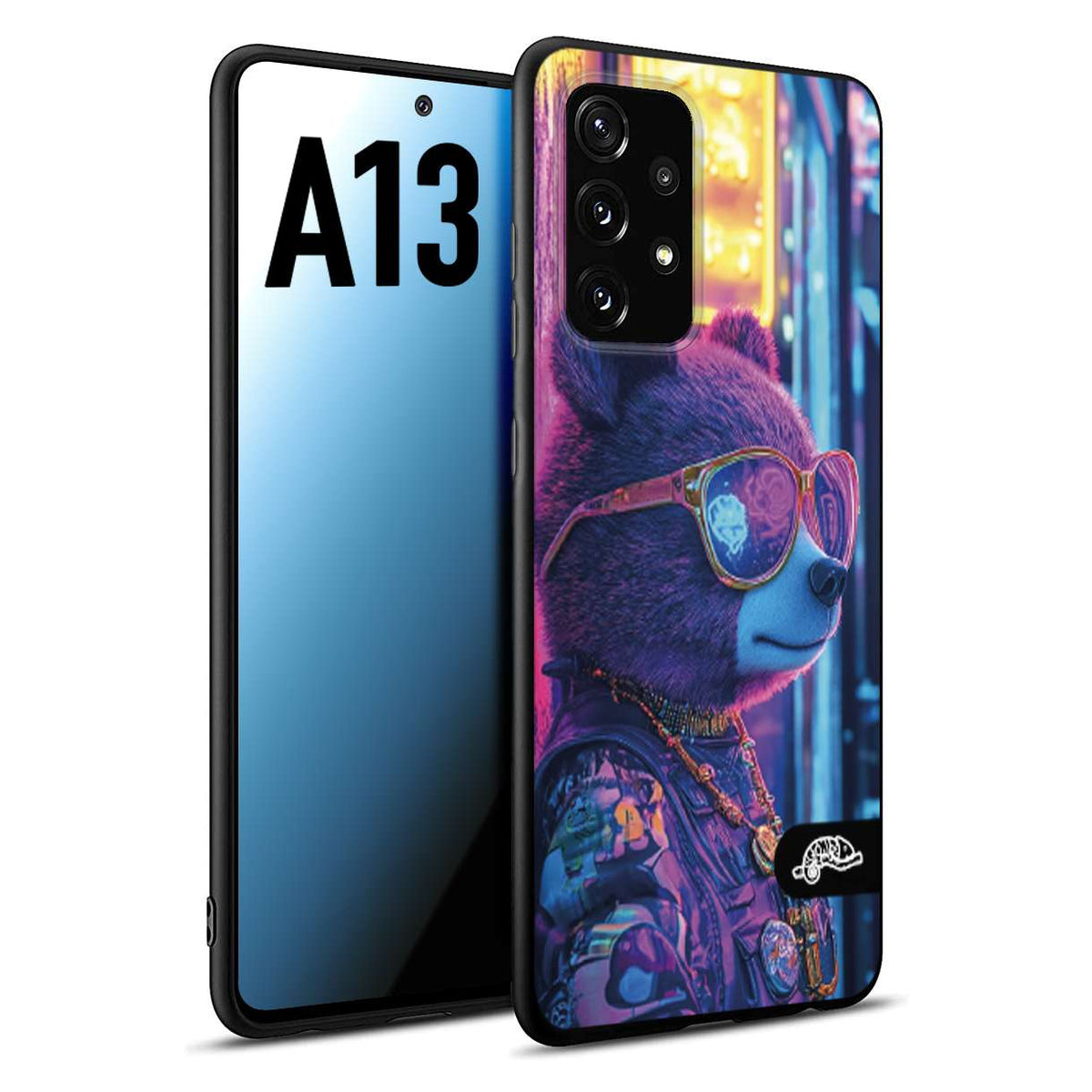 CUSTOMIZZA - Custodia cover nera morbida in tpu compatibile per Samsung A13 animali cyberpunk orsetto orso street bear fucsia blu night