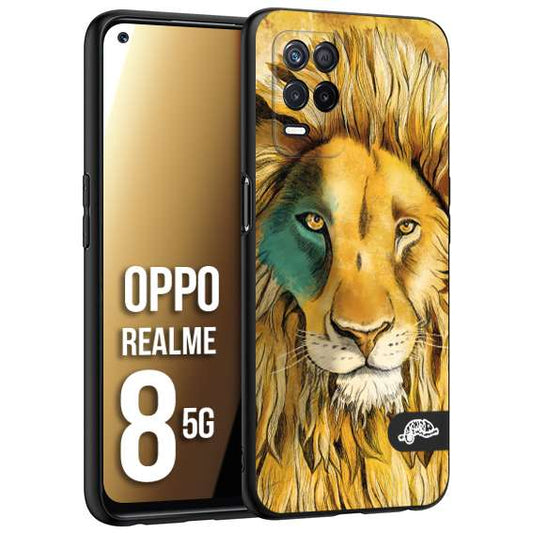 CUSTOMIZZA - Custodia cover nera morbida in tpu compatibile per Oppo Realme 8 5G leone lion disegnato a mano giallo blu a rilievo artistico brown