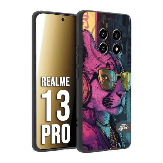 CUSTOMIZZA - Custodia cover nera morbida in tpu compatibile per Realme 13 PRO animali cyberpunk pantera street cat fucsia blu giallo