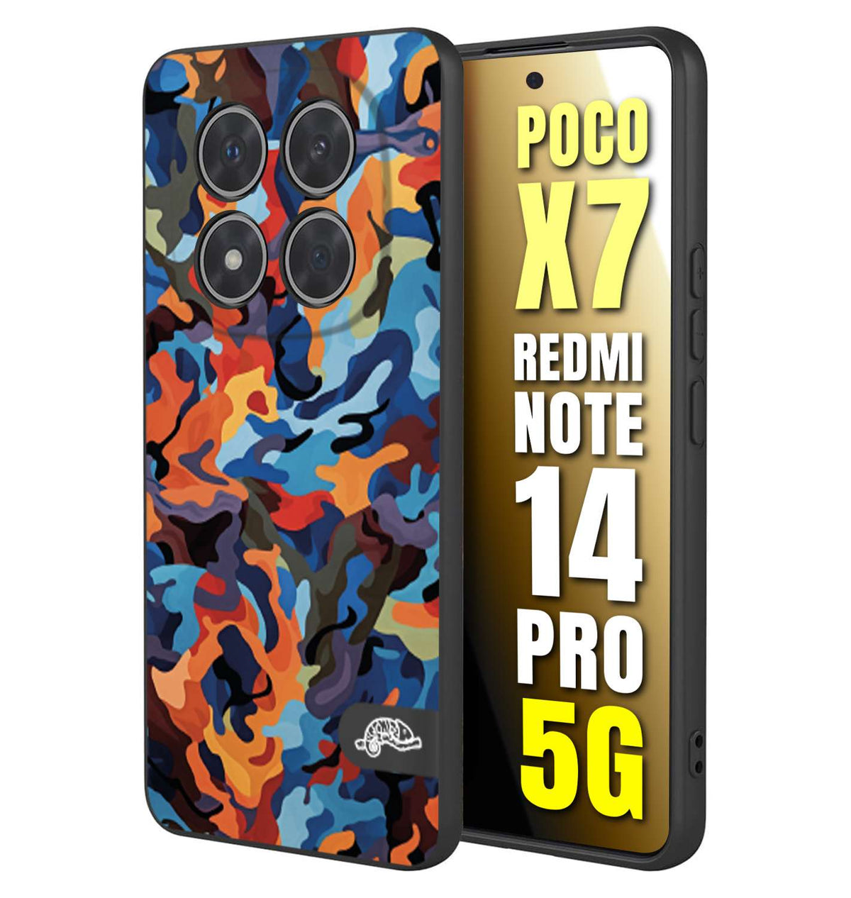 CUSTOMIZZA - Custodia cover nera morbida in tpu compatibile per Xiaomi Redmi Note 14 PRO 5G camouflage mimetico militare moderno blu arancio rosso