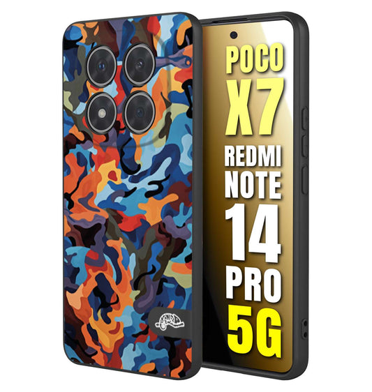 CUSTOMIZZA - Custodia cover nera morbida in tpu compatibile per Xiaomi Redmi Note 14 PRO 5G camouflage mimetico militare moderno blu arancio rosso