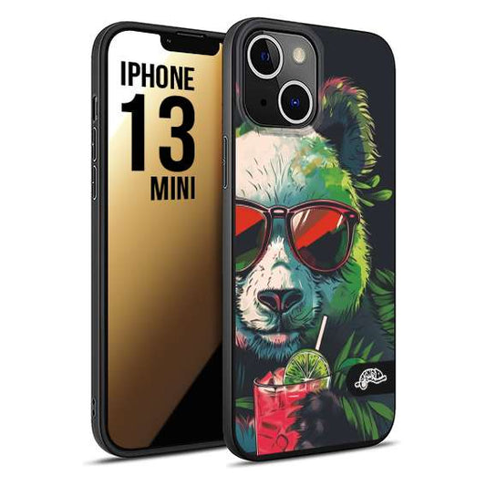 CUSTOMIZZA - Custodia cover nera morbida in tpu compatibile per iPhone 13 MINI estate disegnata cocktails animali simpatici panda mojito