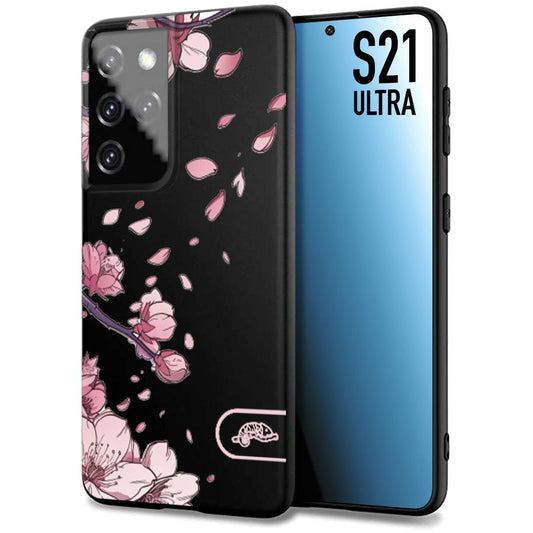 CUSTOMIZZA - Custodia cover nera morbida in tpu compatibile per Samsung S21 ULTRA giapponese fiori di ciliegio in fiore a rilievo disegnata tattoo