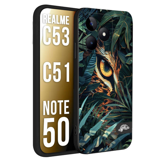 CUSTOMIZZA - Custodia cover nera morbida in tpu compatibile per Realme C53 - C51 - NOTE 50 animali color giungla tropicale occhio di giaguaro felino disegnato