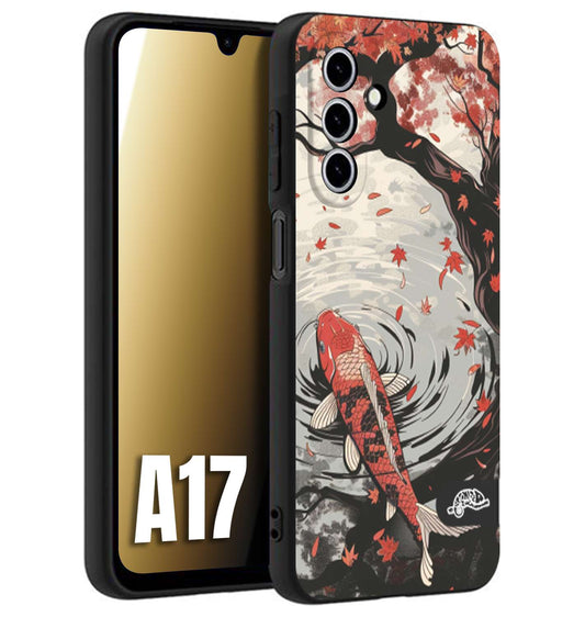 CUSTOMIZZA - Custodia cover nera morbida in tpu compatibile per Samsung A17 giapponese lago carpa koi rossa con foglie d'acero rosso disegnata tattoo