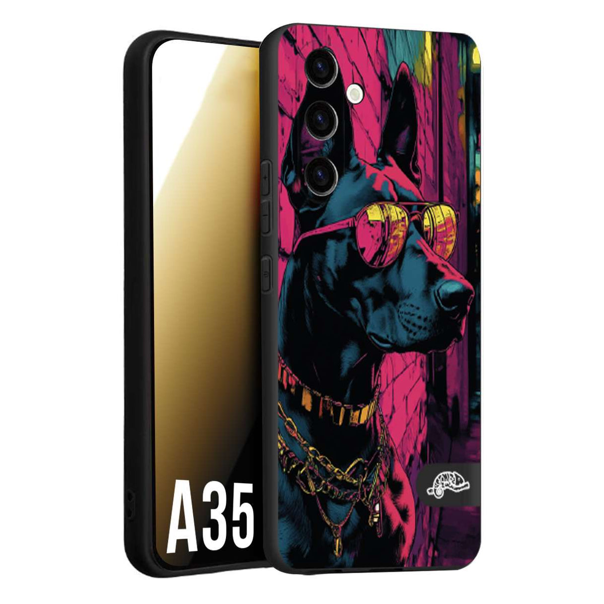 CUSTOMIZZA - Custodia cover nera morbida in tpu compatibile per Samsung A35 5G animali cyberpunk dobermann cane street dog fucsia blu