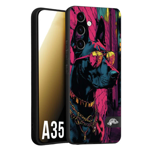 CUSTOMIZZA - Custodia cover nera morbida in tpu compatibile per Samsung A35 5G animali cyberpunk dobermann cane street dog fucsia blu