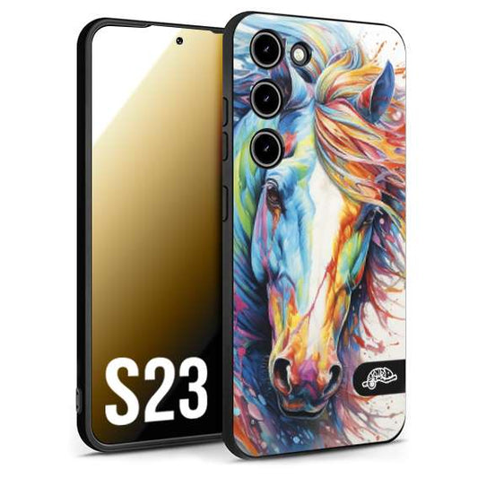 CUSTOMIZZA - Custodia cover nera morbida in tpu compatibile per Samsung S23 animali color cavallo horse viso colori vibranti disegnato schizzo