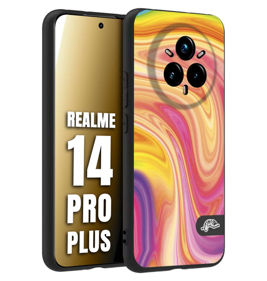 CUSTOMIZZA - Custodia cover nera morbida in tpu compatibile per Realme 14 PRO PLUS colorata fantasia vortice marmo onde rosa fucsia gialla