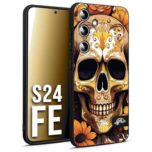 CUSTOMIZZA - Custodia cover nera morbida in tpu compatibile per Samsung S24 FE teschio messicano colorato dorato fiori tattoo disegnato