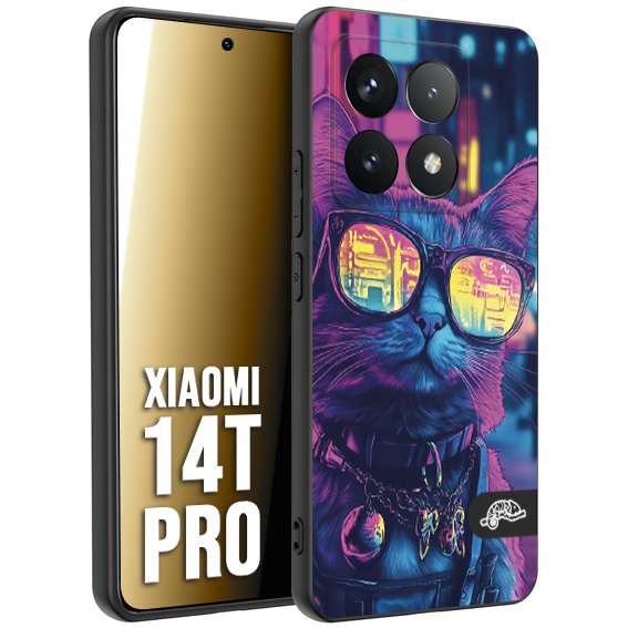 CUSTOMIZZA - Custodia cover nera morbida in tpu compatibile per Xiaomi 14T PRO animali cyberpunk gatto street cat fucsia blu giallo